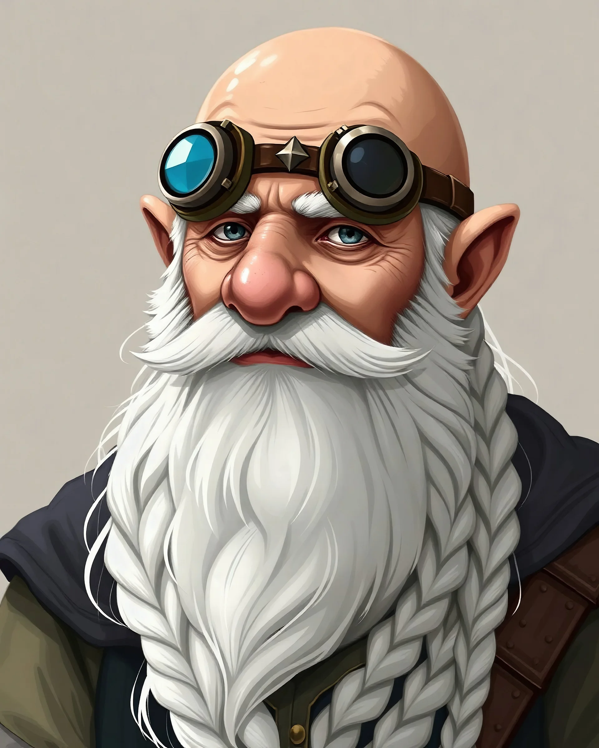 Generate a waist-up shot of a male dwarf cleric in his 60s. He's bald with a long white beard that's intricately braided. He has a fat nose. He wears goggles fitted with with leather, metal, and a gem. Illustrated detailed realistic