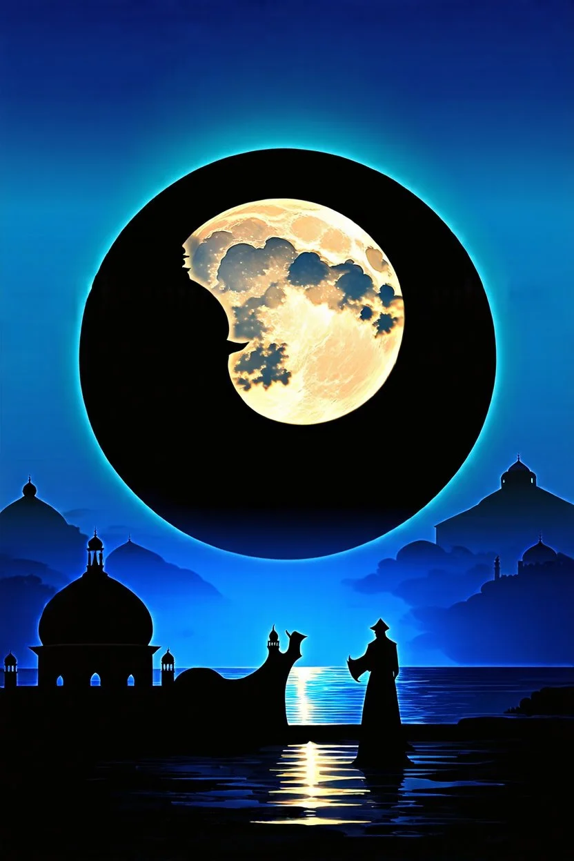 a beautiful moonlit Arabic scene. atmospheric.