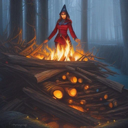 fantasy art, book illustration, grinning witch sitting in a bonfire on the stairs of a dam in the magical forest ,icy water