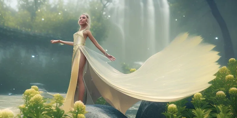 subtle queen, atmospheric, realistic, unreal engine, cinematic lighting, octane render, transparent long dress, blonde, full body, bright wings, smile, long hair