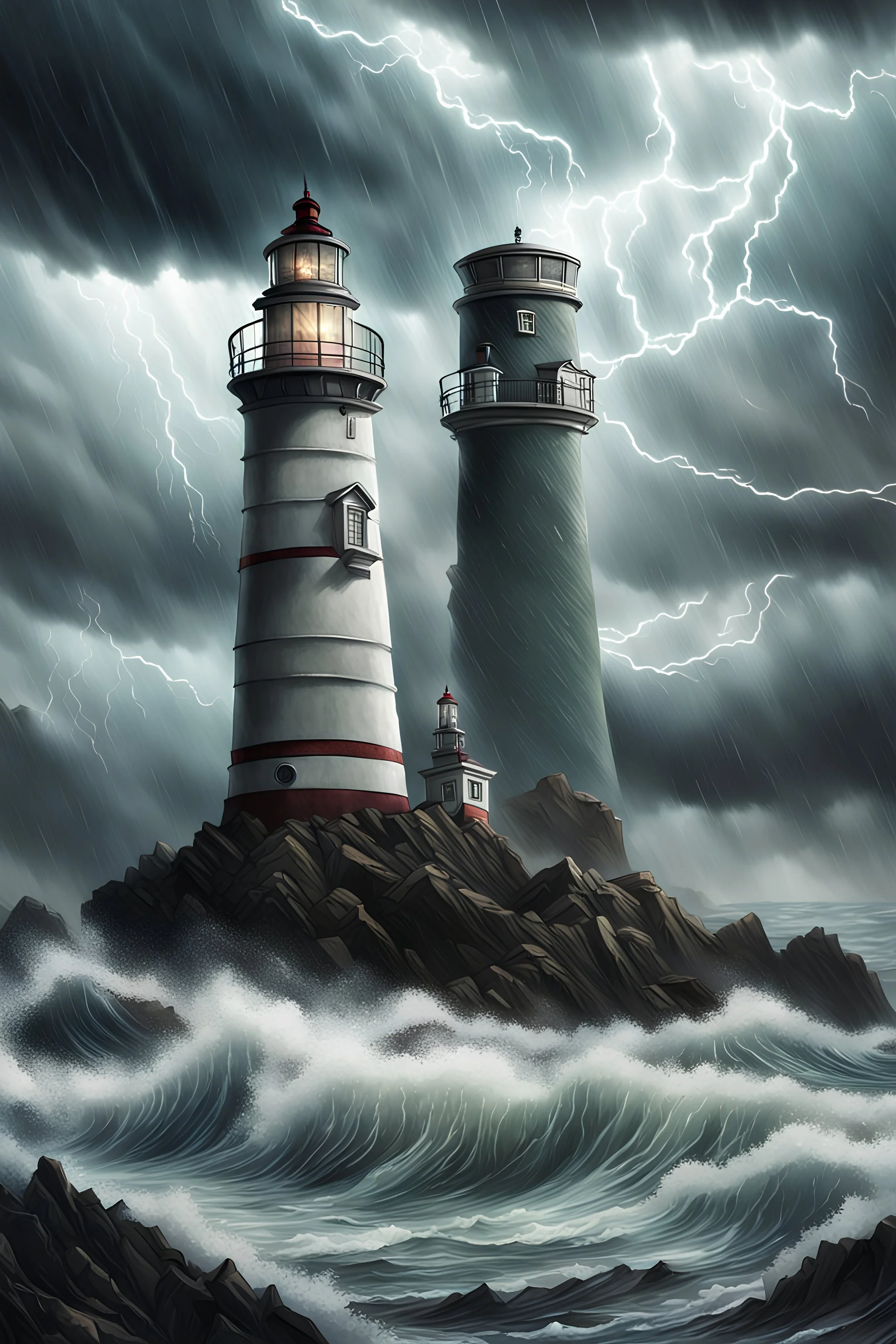 realistic lighthouse in front of a stormy lovecraftian landscape