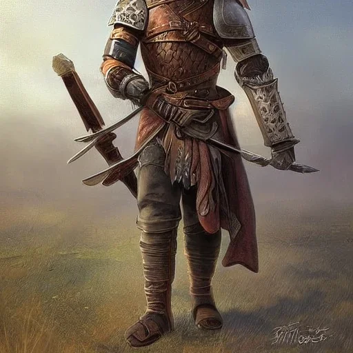 a brave adventurer, dressed in worn leather armor and carrying a trusty sword at his side, fantasy digital art