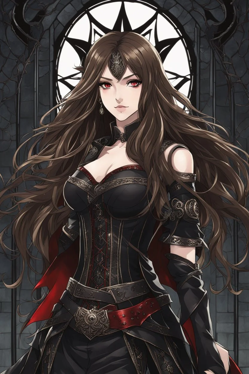 A confident looking young woman with pale skin and long brown hair in a dark fantasy setting with intricate details. She is wearing black and read leather, has red eyes, an air of malevolent power surrounds her. Anime style. High definition.