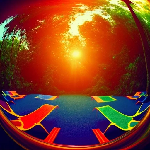 Sunset in a dense lush tropical jungle with lawn chairs, blue red and yellow. Warp. Fisheye. Bokeh. Psychedelic. Wavy.