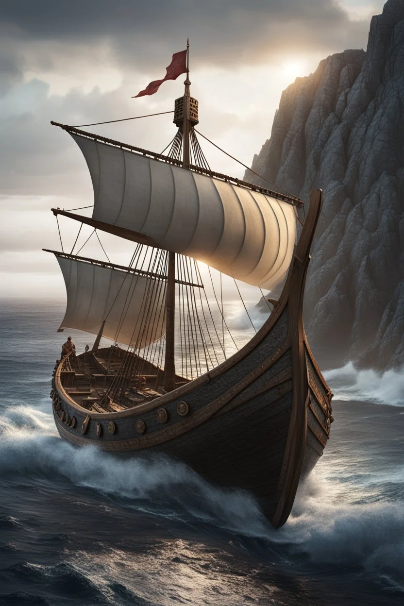 A viking ship in high sea close to a rocky shore. Cinematic lighting, Volumetric lighting, Epic composition, Photorealism, Very high detail, Character design, Unreal Engine, Octane render, HDR, Subsurface scattering, Dappled lighting