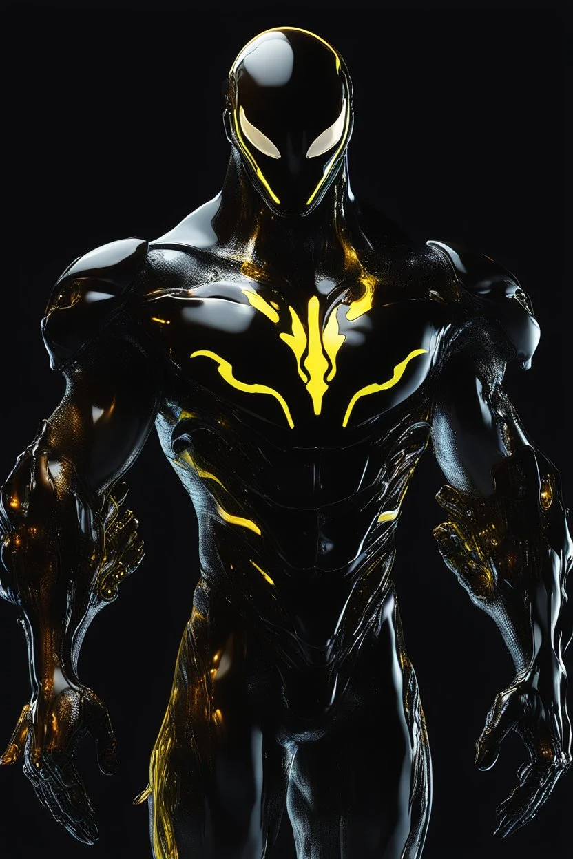 A detailed raw photo of the Venom black Cyborg made entirely of luminescent and translucent liquid materials, bathed in cinematic light. You can see all the inside of his body, with two Daft Punk-style, realistic elements, captured in infinite ultra-high-definition image quality and rendering.A new space creature from Ben 10 cartoon. Strong and graceful. Advanced metal. Magical power, precise detail and intense power.Cyborg symbiote, white color, green color, tendrils, high tech, cyberpunk, biop