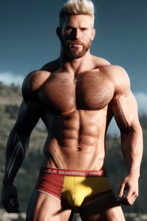 Ignore NSFW, teenager young rugged attractive slightly muscular fantasticly handsome blonde man, red briefs with yellow belt, hairy chest, (((visibly pisssing))) briefs, large erect visible boner peniss, photorealistic, artist Jay Anacleto, soft lighting, scruffy beard