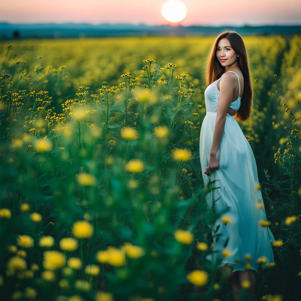 Young woman in flower field in the evening