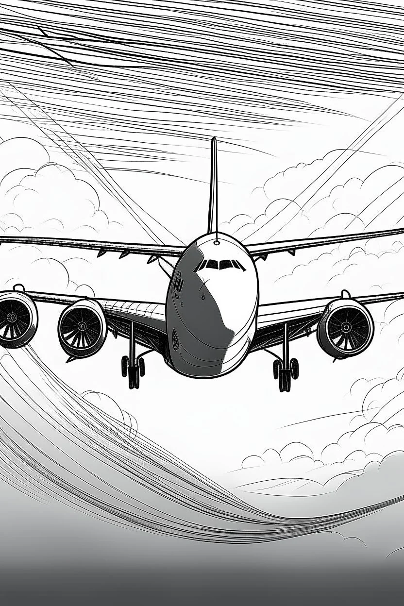 Outline art, no shading, plane flying, cartoon style, black and white, low detail, --ar 9:11