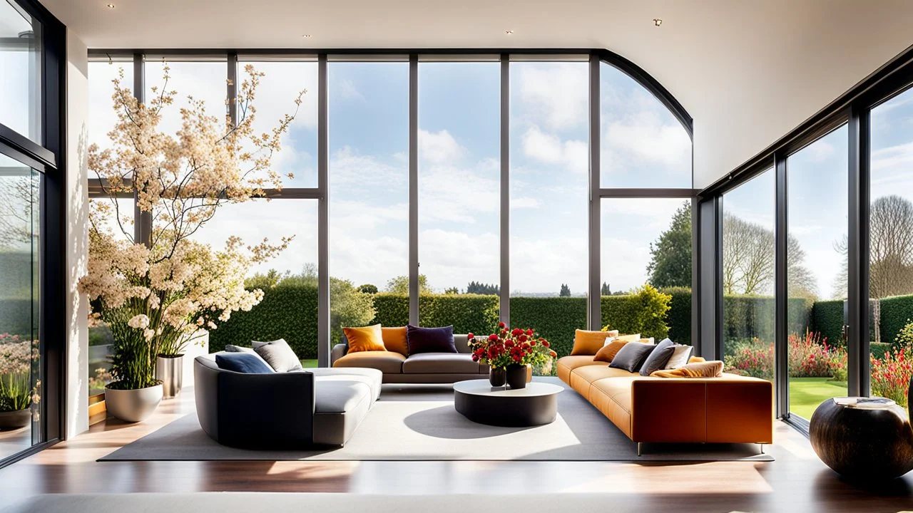 Beautiful modern luxurious minimal domestic living room, floor-to-ceiling sliding windows look out onto attractive flower gardens and fruit trees. Beautiful delicate roof-lantern adds extra daylight and view of the sky. Room is light, comfortable, peaceful, welcoming and tasteful. The home was recently the winner of a national architecture award. Afternoon, springtime, blue sky with small clouds.