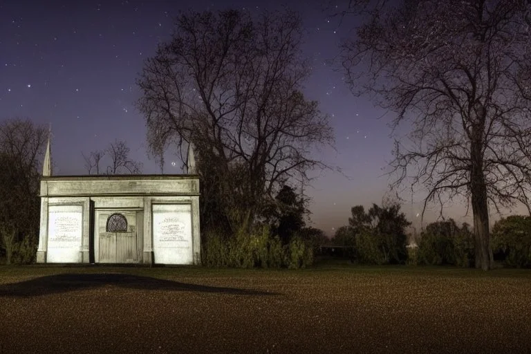 Creepy mausoleum at night, trees, hearse car