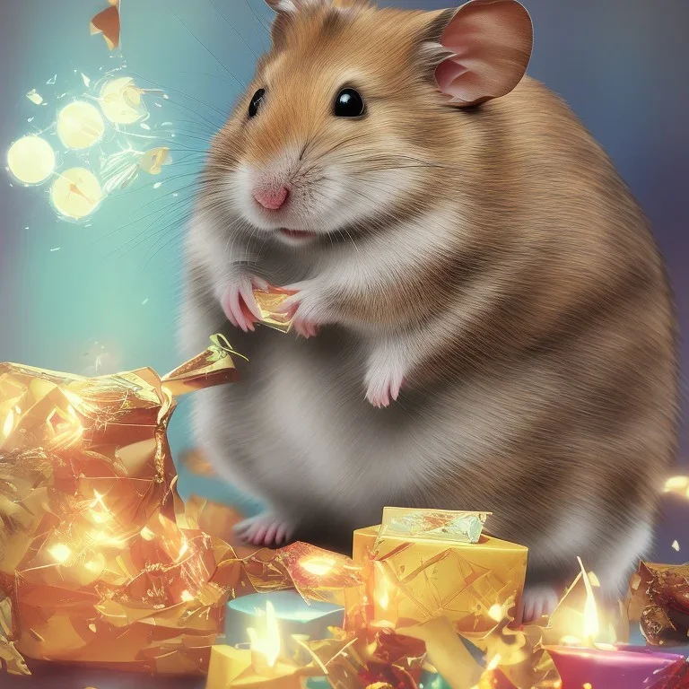 foto realistic hamster with party had and present with a card happy birthday written on it