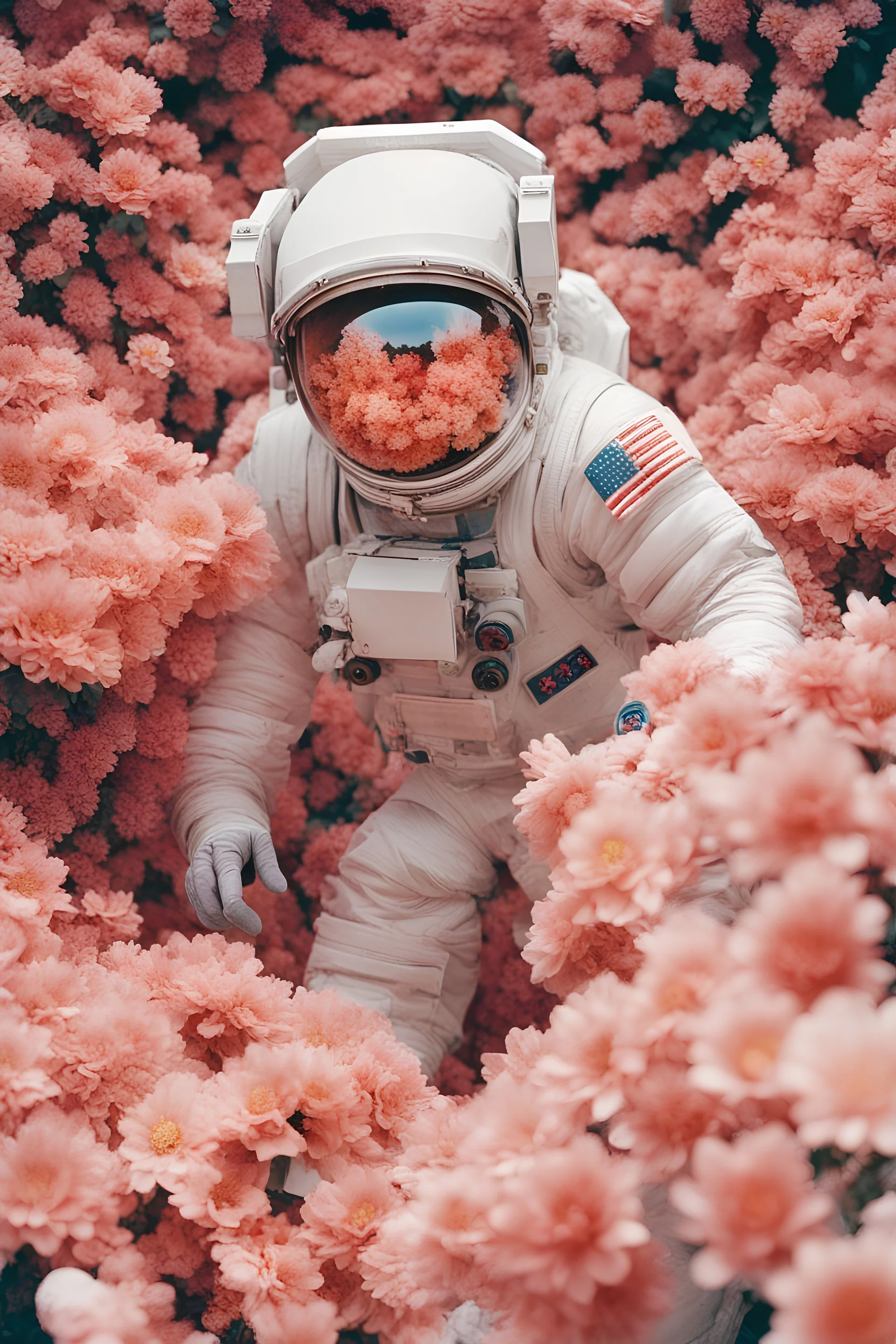 Portra 400 high dpi film scan of a NASA astronaut wearing a space suit made of millions of flowers. Editorial for NASA. floral edition