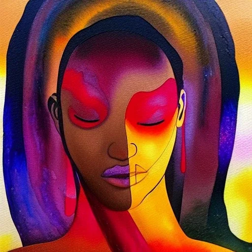 Oil and watercolour painting. Chakras. Sacred geometry. a brain exploding. kintsugi. Chaos. Portrait of a young black woman crying.a mind fracturing.confusion. Tears the colour of oil. Depression seeping out of her eyes nose and mouth like a oil spill