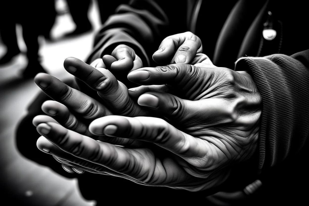 Interlaced hands blacks, white... on a background of city streets. photograph taken with Fuji XT-3 camera and 35 mm lens Real photograph. Photojournalism