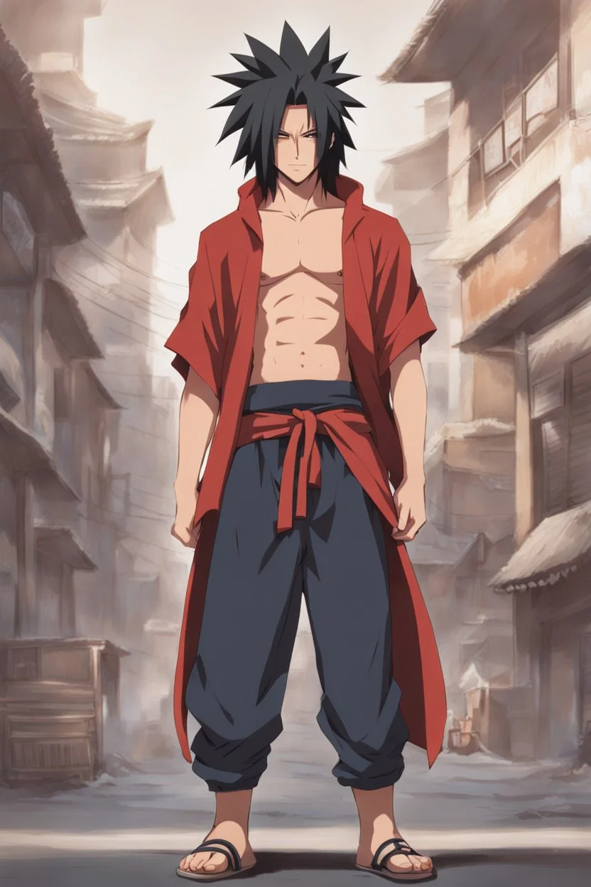 A Young Madara but he is wearing street wear, shirtless