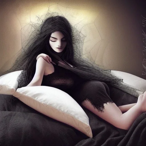 woman sleeping on satin pillow with spiderwebs covering face, goth, mascara running down cheeks, 8k, high-quality, fine-detail, intricate, sharp, crisp, digital art, detailed matte, illustration, octane render, brian froud, howard lyon, Anne Dittman, Anne Stokes, Lisa Parker, Selina French