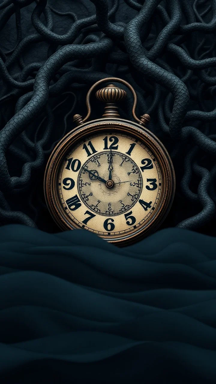 An old clock in the ocean background of black vein, human veins, mixing together a lot of them, like a forest, big and small veins a lot of them, an antique clock