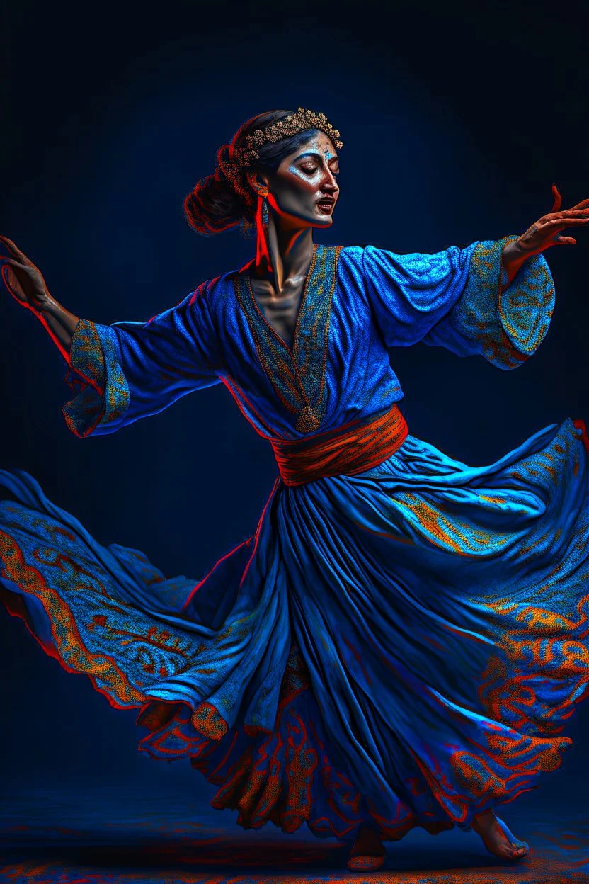 Ban Gogh style Title: "gypsy dancer , dancing, in blue background, insanely detailed octane render trending on artstation, 8k artistic photography, photorealistic concept art, soft natural volumetric cinematic perfect light, chiaroscuro, award-winning photograph, masterpiece, oil on canvas, Raphael, Caravaggio, Greg Rutkowski, people, beksinski, Giger