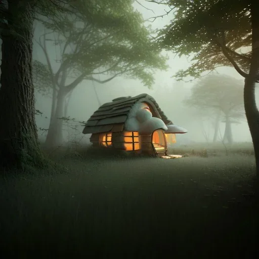 Misty woods, mushroom house, dark morning light