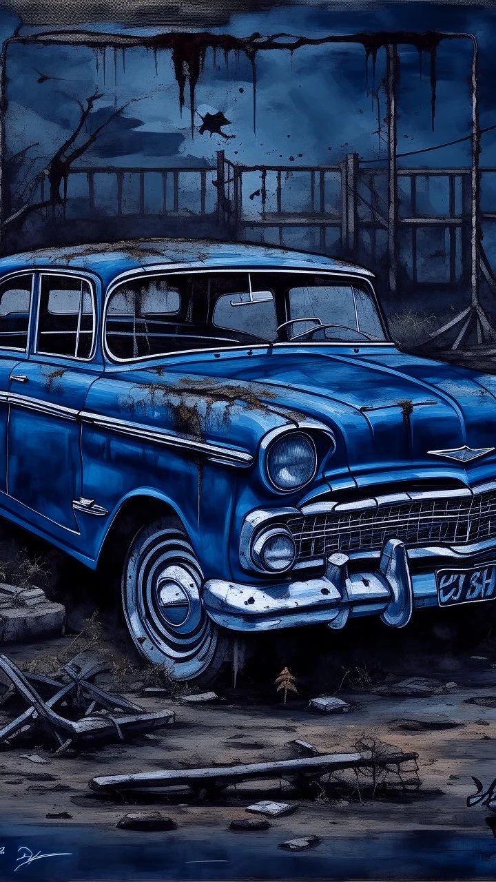Bosch painting style nightmare , an old abandoned 1960 a dark blue full view Ford car