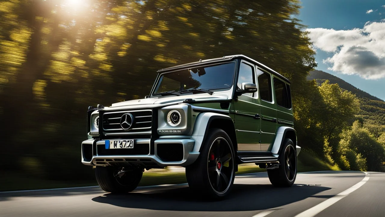 A sleek rear view of (((a cross of porsche and G-Wagon))), on street, with hill and trees around, a beautiful clouds and sunny weather, 4K, Superdetailed, No mistakes
