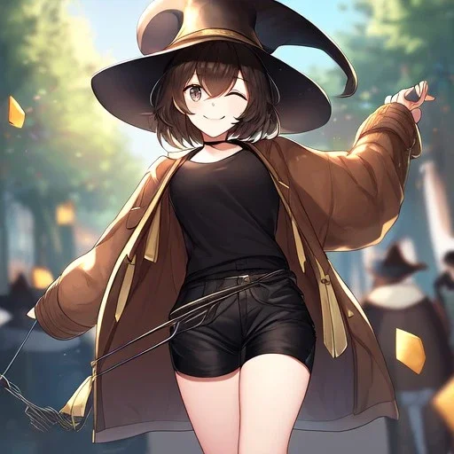 Clear focus, High resolution, short brown spiky hair, hair between eyes, eyes closed, wearing a brown detective hat, wearing a brown jacket and a black shirt, wearing black shorts, 1girl, pulling hat down, smiling, wearing a oversized jacket