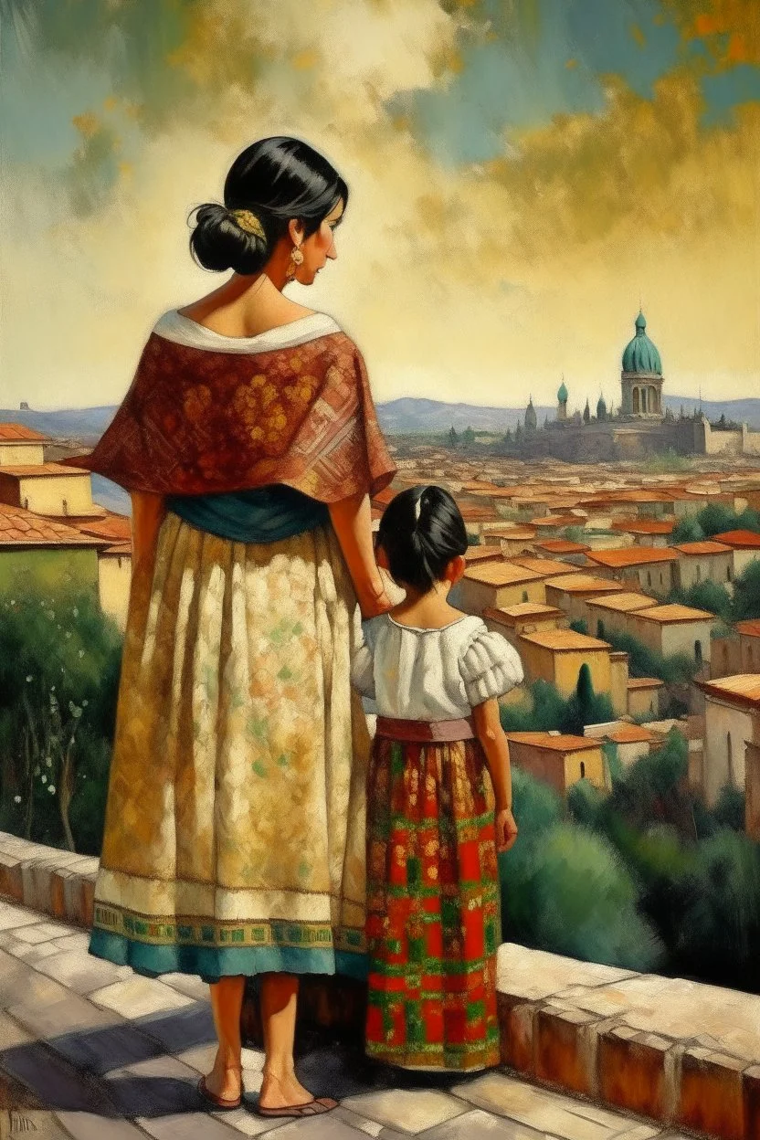 2 mexican woman painting neoclassism standing from the back whole body zoom out looking at a traditional mexican city with child