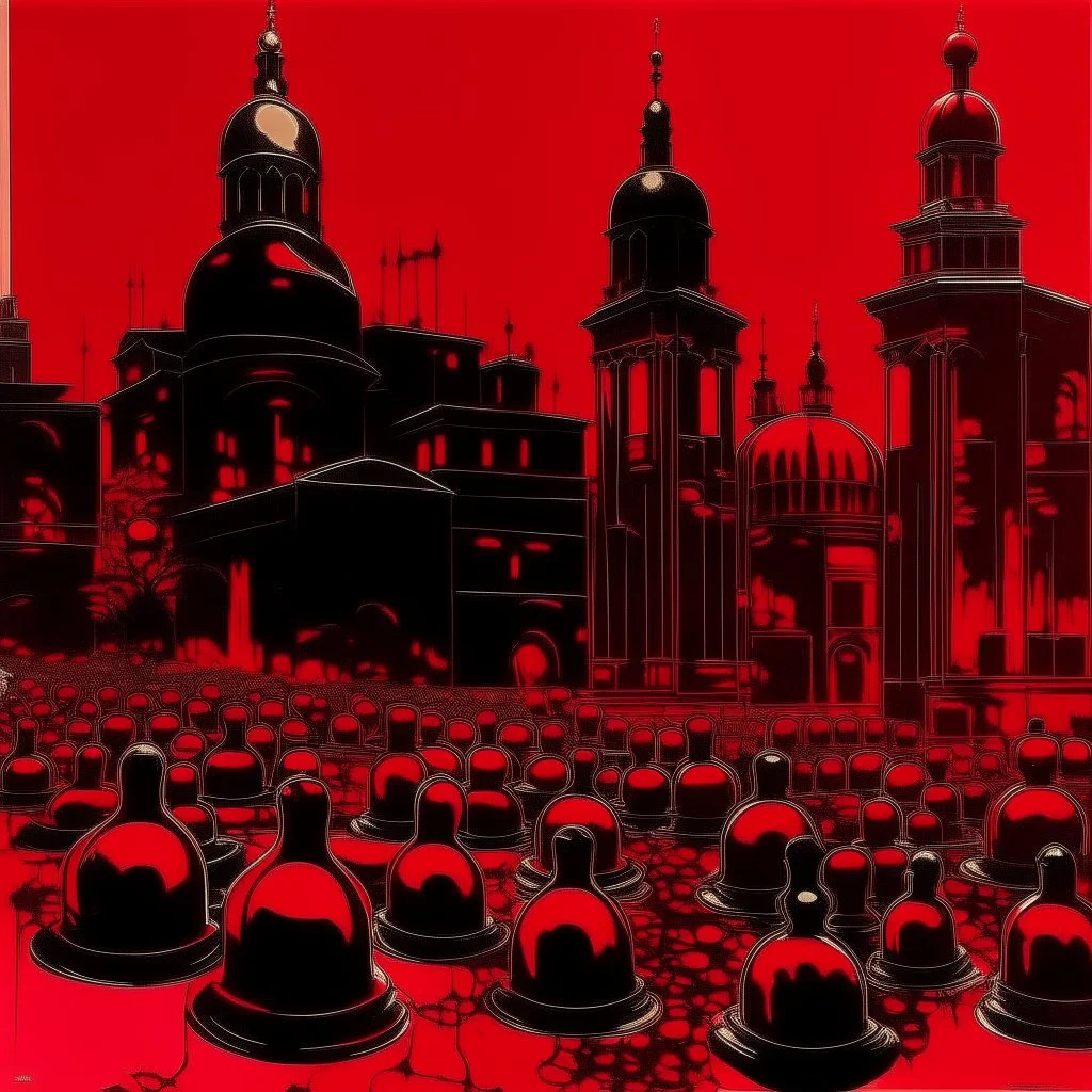 A dark red city filled with bells painted by Andy Warhol