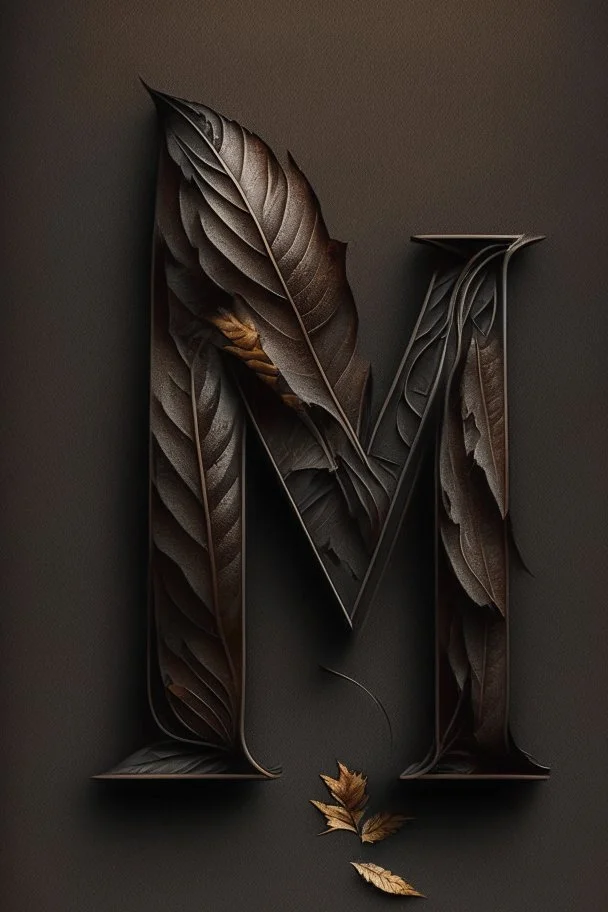 letter 'M' black colour, aesthetic, with brown leaf