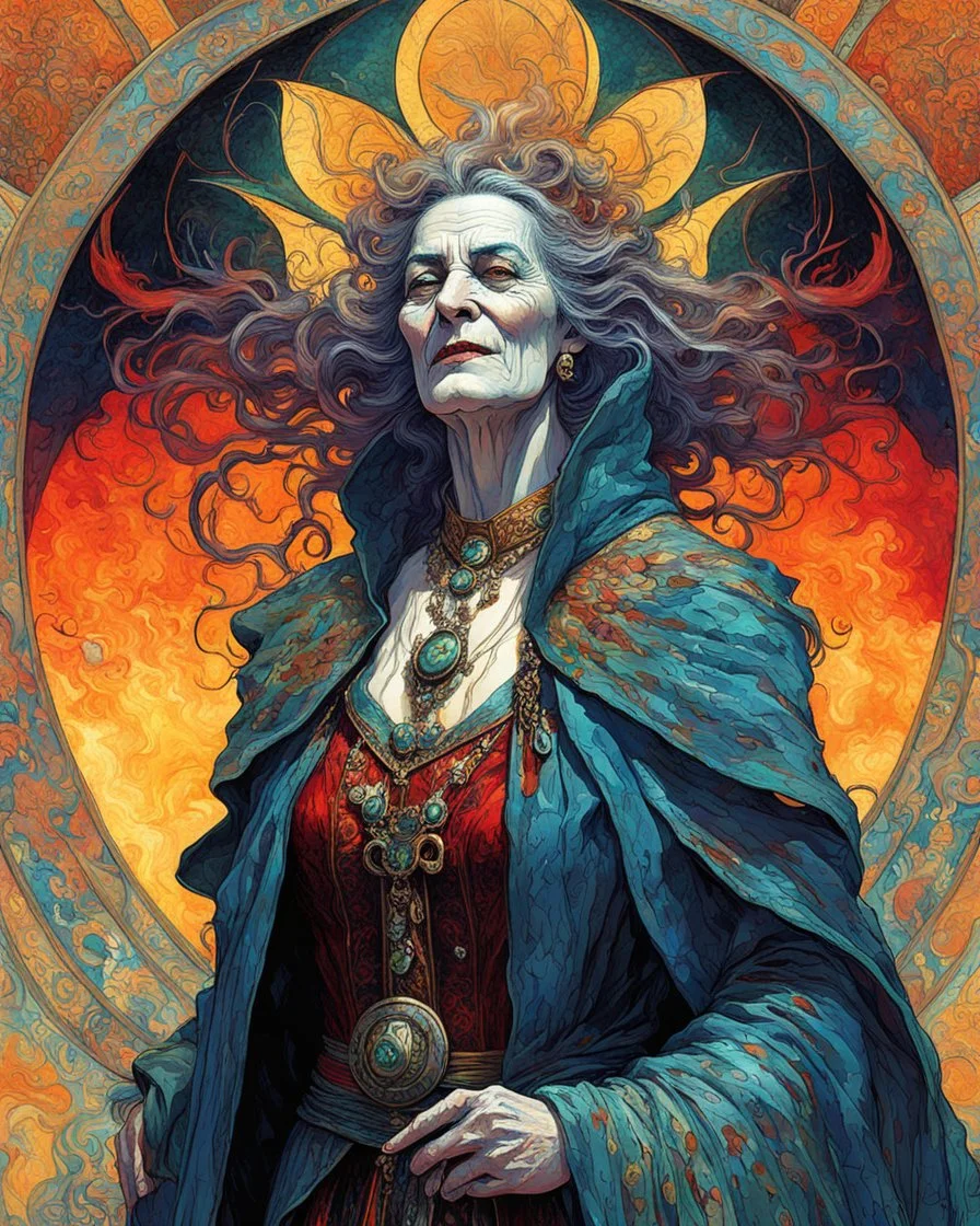 a fanciful, full body, close up, portrait illustration of an aged, ancient Romanian vampire sorceress filled with ecstasy, drama, split, glitchcore, macabre, double exposure, surrealistic, in the impressionist style of Childe Hassam, mixed with art nouveau, and abstract impressionism, and the comic art style of Jean-Giraud Moebius, highly detailed hair and facial features, in subdued natural colors