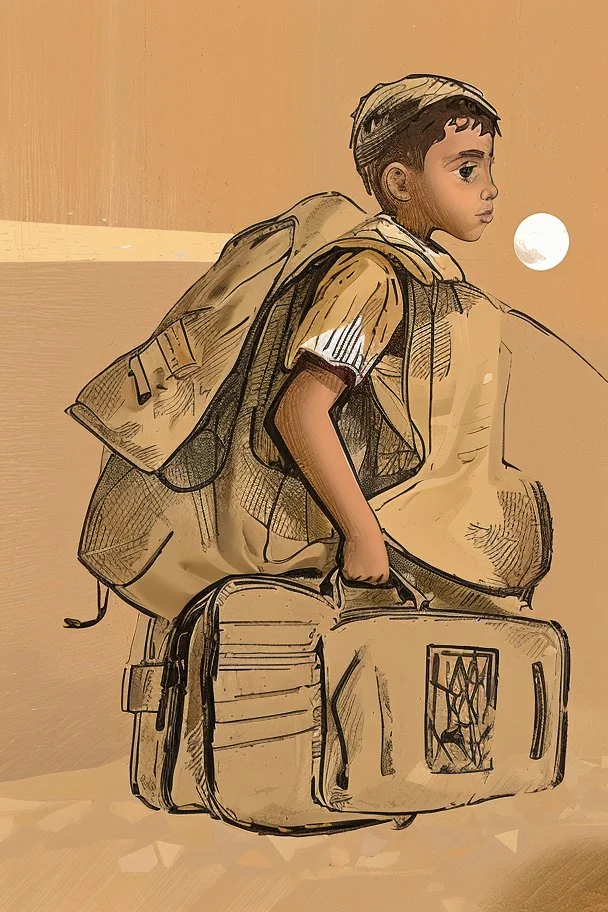 A Palestinian child carries on his shoulders a large bag with windows and doors