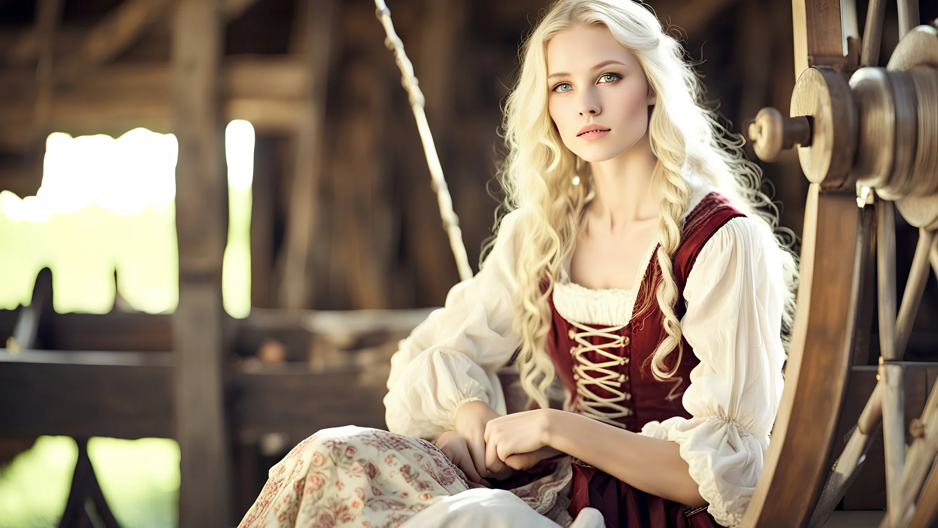 Photo is in sharp focus with high resolution and is a closeup of a beautiful and slender caucasian 17 year old teen girl with long wavy platinum blonde hair. She is wearing a medieval peasant dress with a coset. She is seated at a spinning wheel gazing at the viewer.