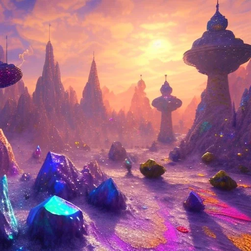 blue gold and violet landscape with multicolored crystals falling from the sky, full of details, smooth, bright sunshine，soft light atmosphere, light effect，vaporwave colorful, concept art, smooth, extremely sharp detail, finely tuned detail, ultra high definition, 8 k, unreal engine 5, ultra sharp focus