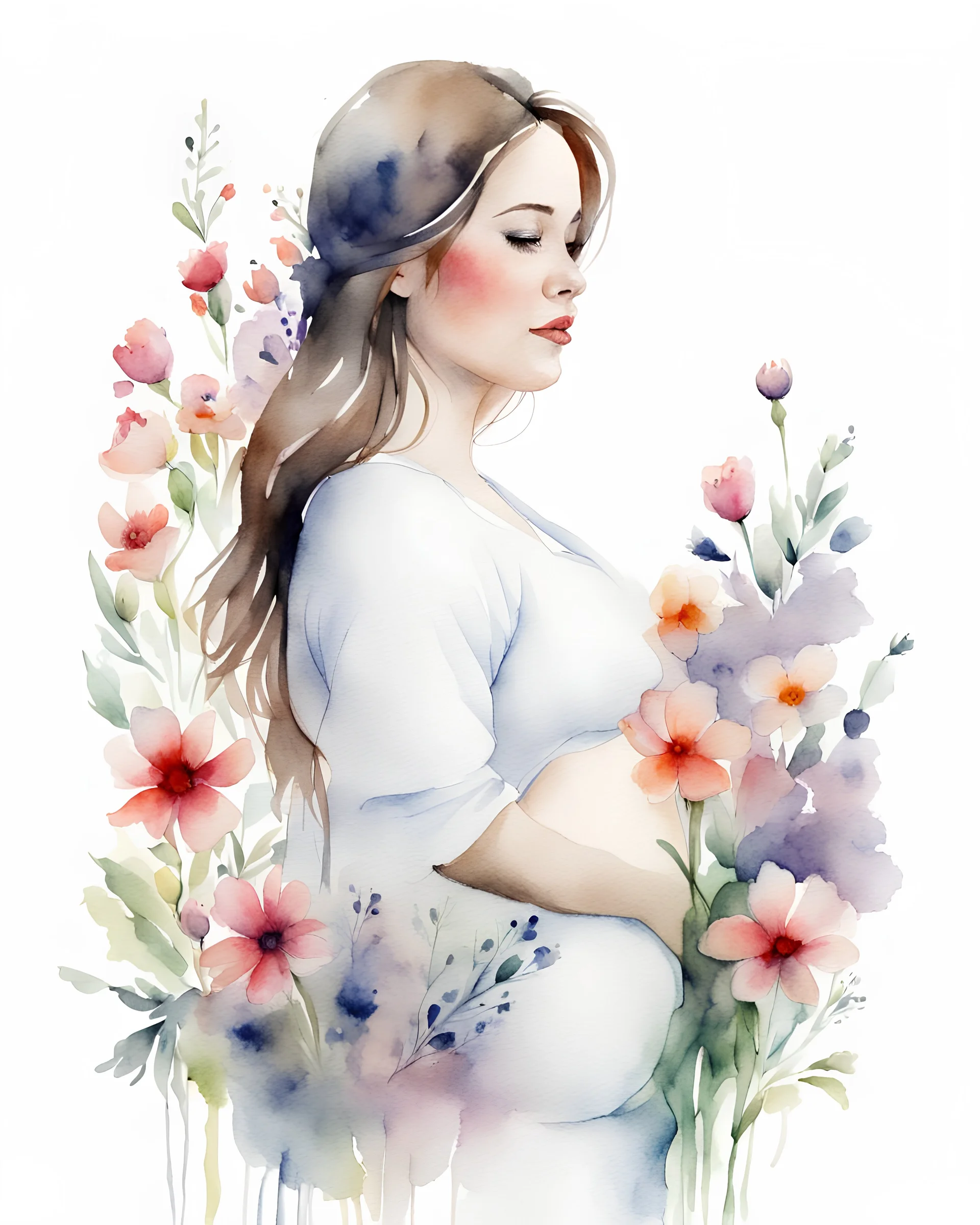 white background, portrait, watercolor, fine drawing, Pregnancy, flowers,