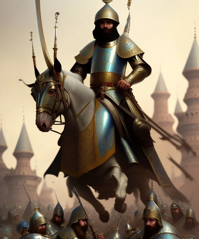 Islamic army from the Mamluk era, cinematic, 8k, resolution concept art portrait by Greg Rutkowski, Artgerm, WLOP, Alphonse Mucha dynamic lighting hyperdetailed intricately detailed