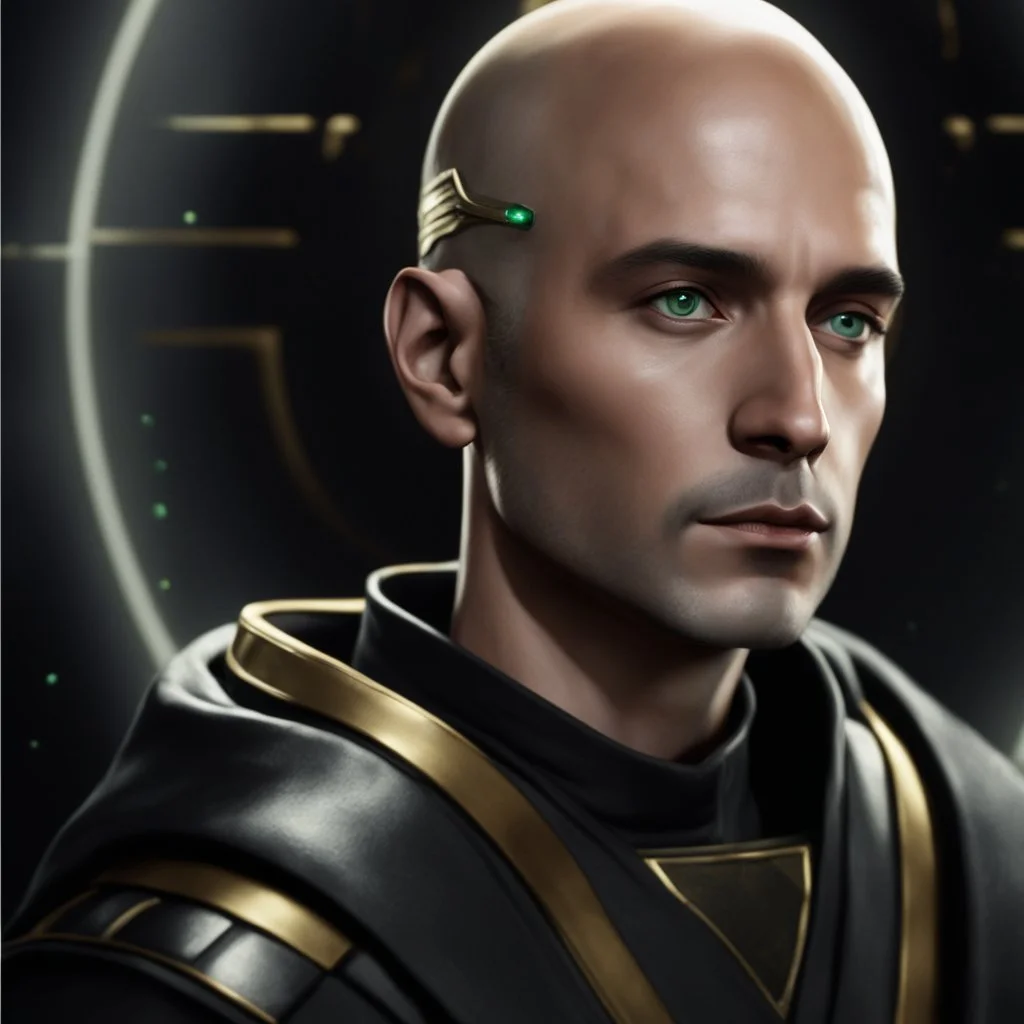 star wars bald male corellian jedi pilot wearing gunmetal grey and black old republic armored robes with gold trim inside the jedi temple holding a lightsaber with viridian green blade in left hand, centered head and shoulders portrait, hyperdetailed, dynamic lighting, hyperdetailed background, 8k resolution, volumetric lighting, light skin, fully symmetric details