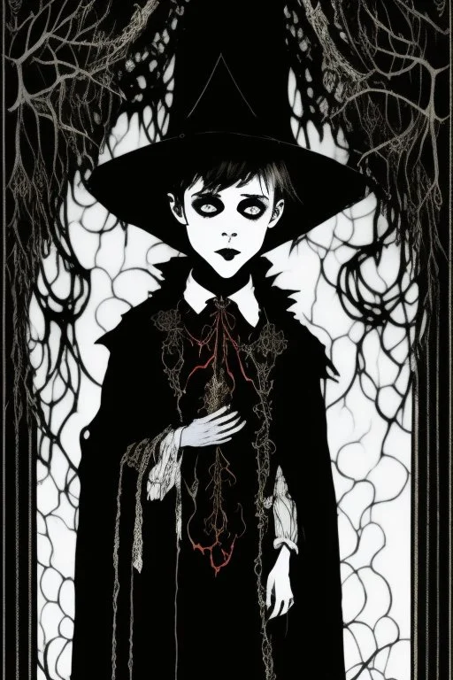 7 year old boy, necromancer, friendly, looks dead, surrounded by weird smoke with eyes, wearing black robes, in the style of Harry Clarke