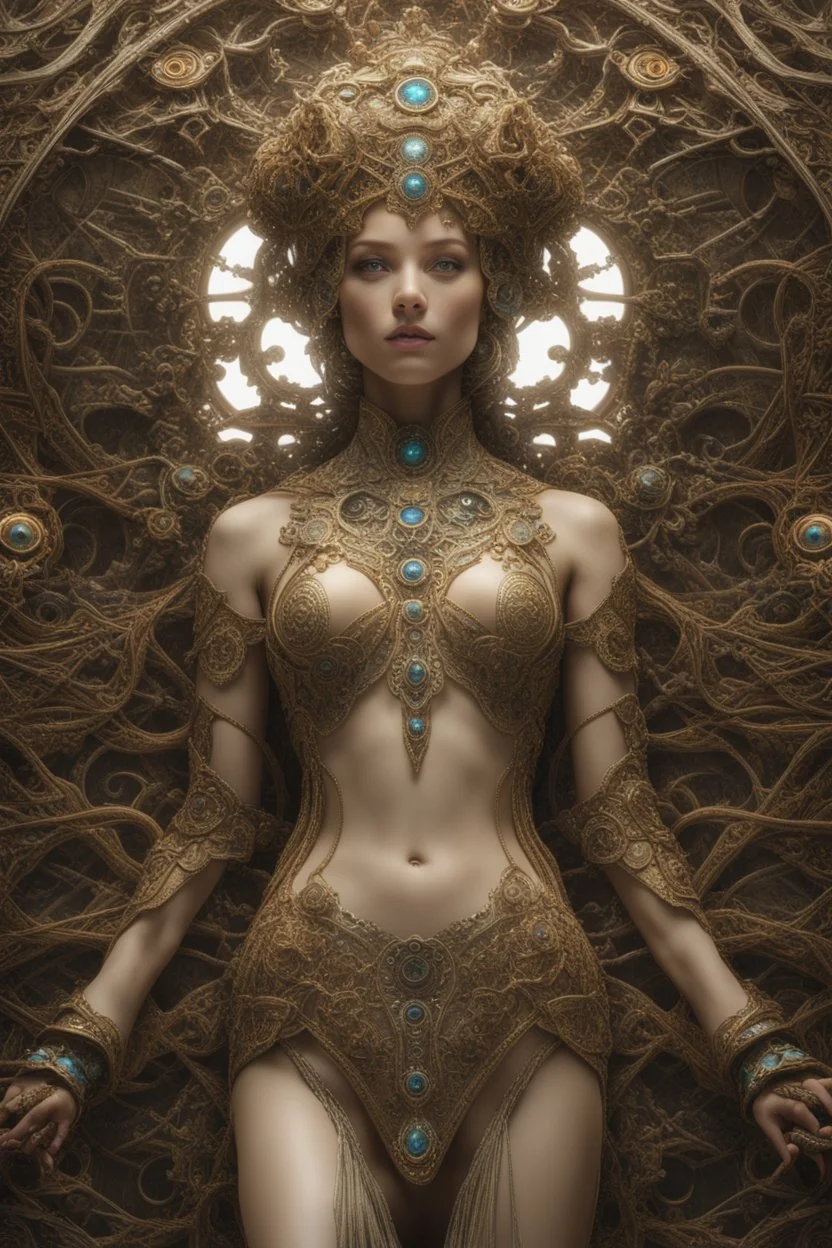 The Captive, Cybernetic, Biomechanical, 8K, Roberto Ferri, Mucha, Michael Kaluta, Michael Cina, Defined, Fractal Wiring, Jeweled Detailed Eyes, Amazing Quality, 8K, 16K, UHD, Award Winning Robot, Tied Down By Wires, Efficient, Emanation Of Fractal Iridescence, Cinematic, Scenic