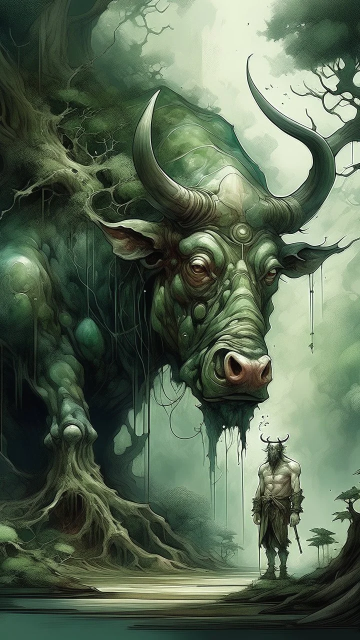 A bull or a horse with a wooden totem with spikes on it, in the middle of the forest. Opposite is a tree with a green-skinned man on it., by Ryohei Hase, Agnes Cecile, Raymond Swanland, Anne Bachelier