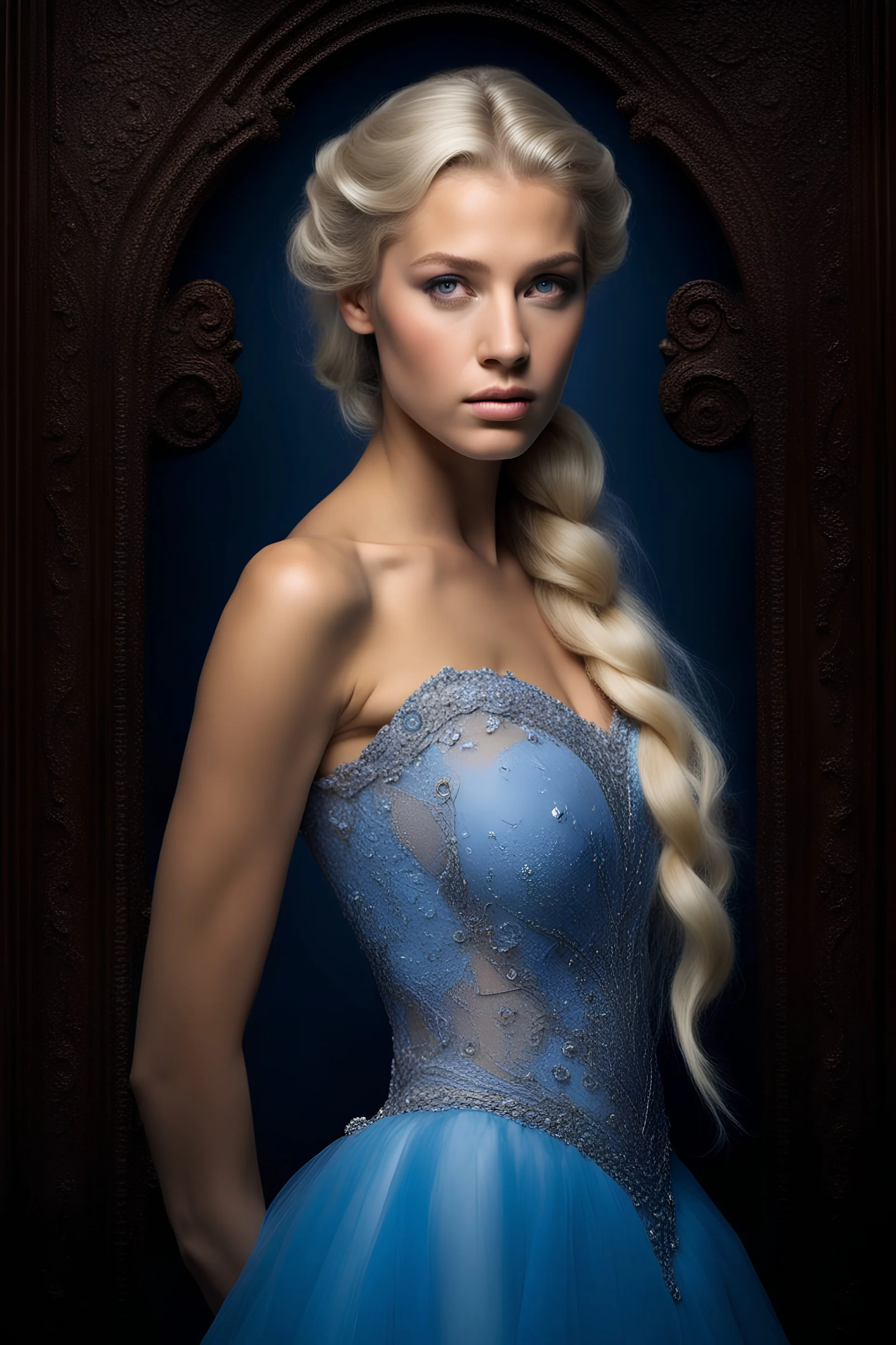 dark brown wood panel background with an overhead spotlight effect, 18-year-old Princess, Elsa Jones, Blue eyes, bleach blonde hair, braided, imbued with Freeze powers, head and shoulders portrait, wearing a blue, lacy Prom dress with a tiara, full color -- Absolute Reality v6, Absolute reality, Realism Engine XL - v1