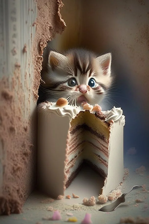 baby kitten hiding eating cake