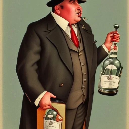 A 1930s Italian-American businessman in his 20s with a bowler hat and a tattered suit. He is obese and sad. He holds a bottle of alcohol in his hand