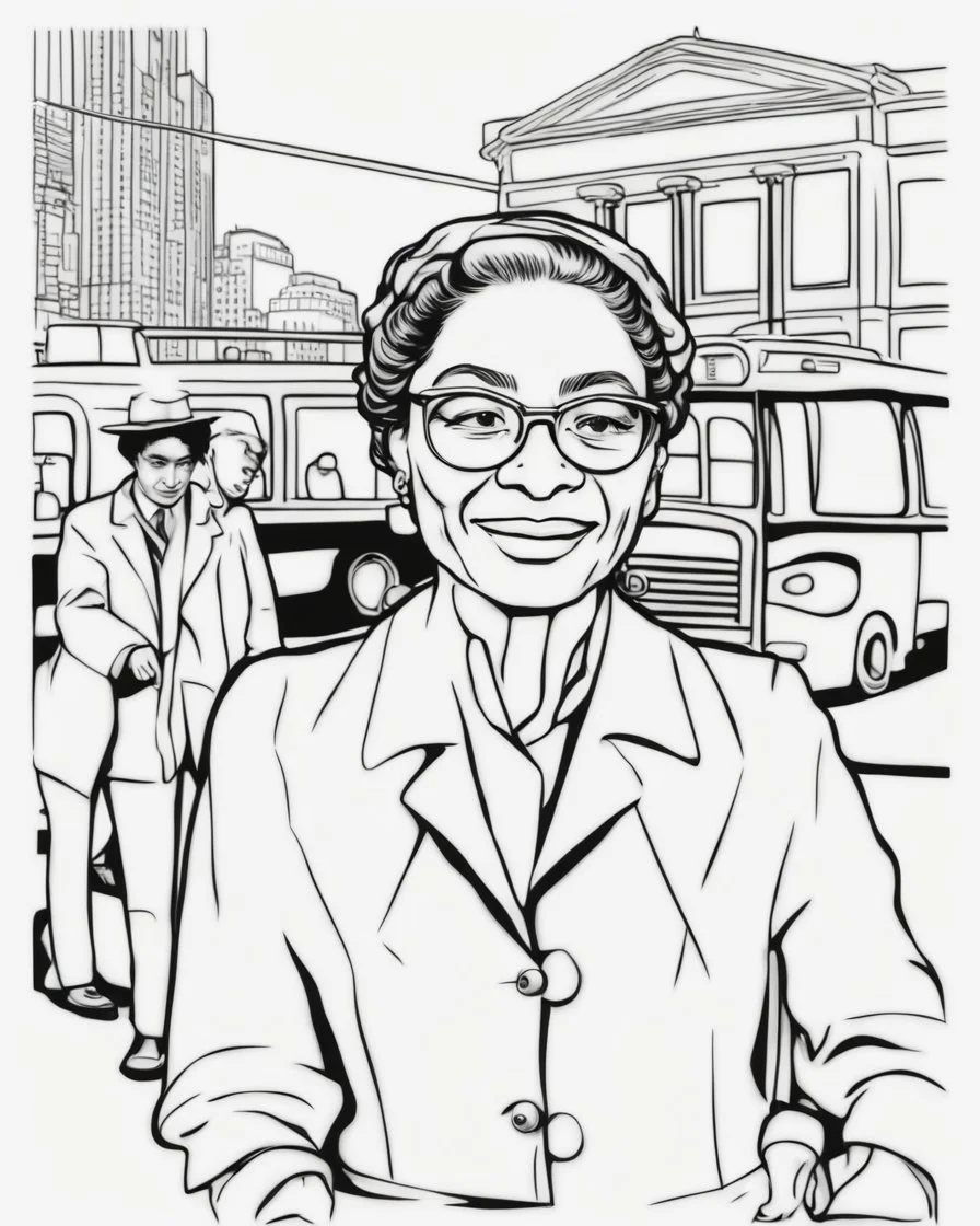 Outline art for coloring pages with Rosa Parks, white background, sketch style, only use black outline, white background, no shadows and well and clear outline