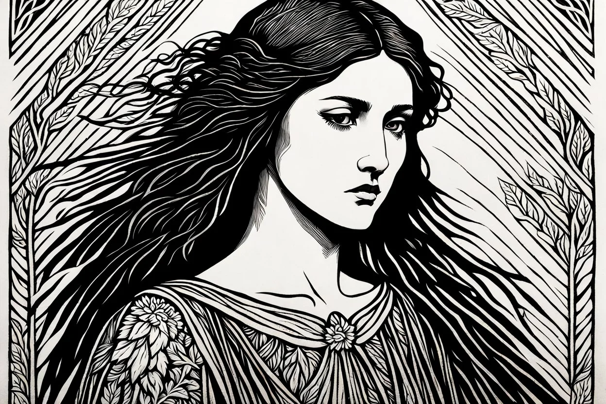 create a deeply powerful tragic, heart wrenching, evocative, and darkly magical full body woodcut of a raw and weathered raven maiden girl with highly detailed and deeply cut facial features, in the style of EDWARD BURNE-JONES, WILLIAM MORRIS, and KATHE KOLLWITZ , searing lines and forceful strokes