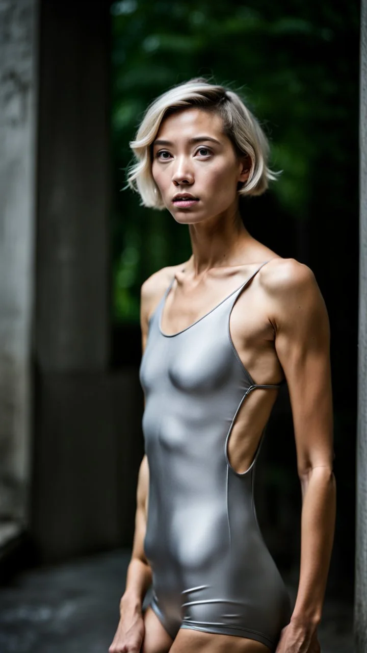 beautiful asian anorexic woman, total shot, short silver triathlon swimsuit, short blond wavy bob hair, blurred concrete background