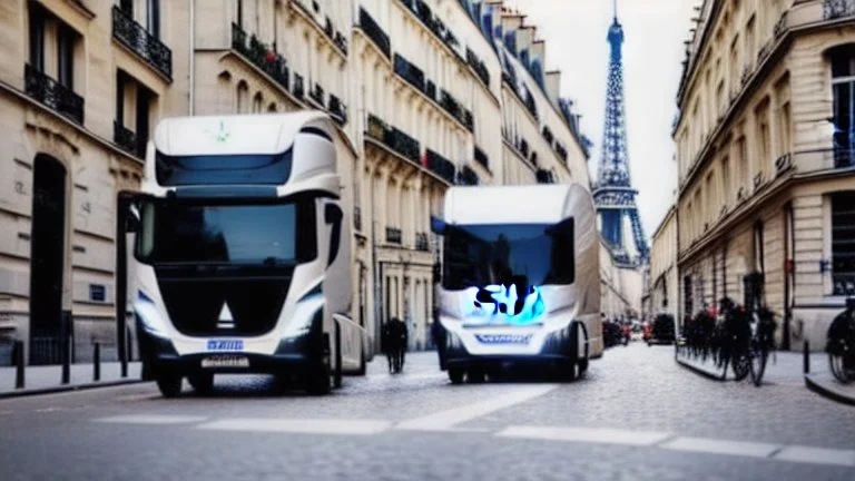 A police Tesla Cybertruck is chasing a Tesla 'Model S Plaid' at top speed, by the 'Sacre Coeur', in Paris. CINEMATIC. WIDE ANGLE LENS. PHOTO REAL.
