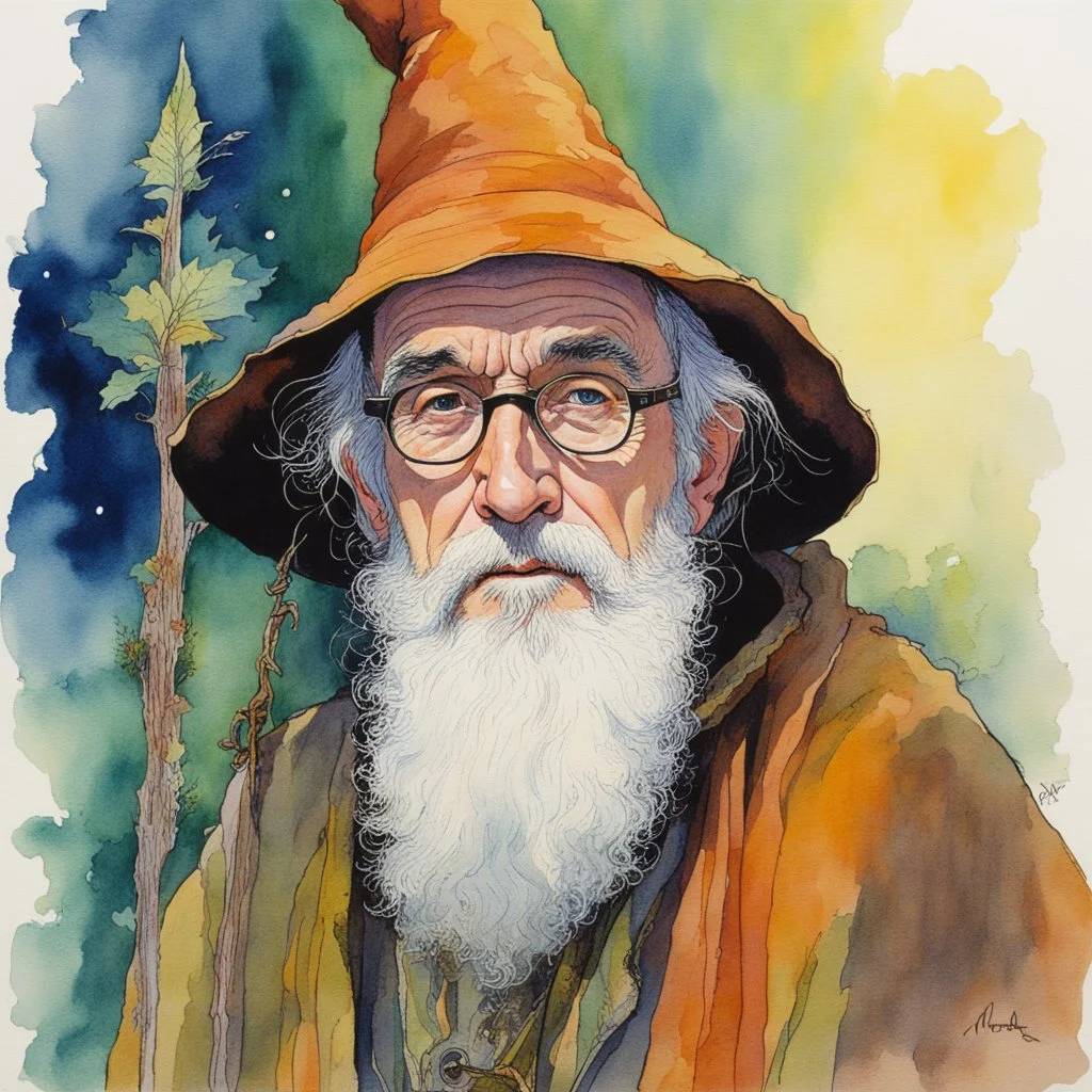 aquarelle by Moebius: The actor Jonathan Pryce playing the wizard Radagast