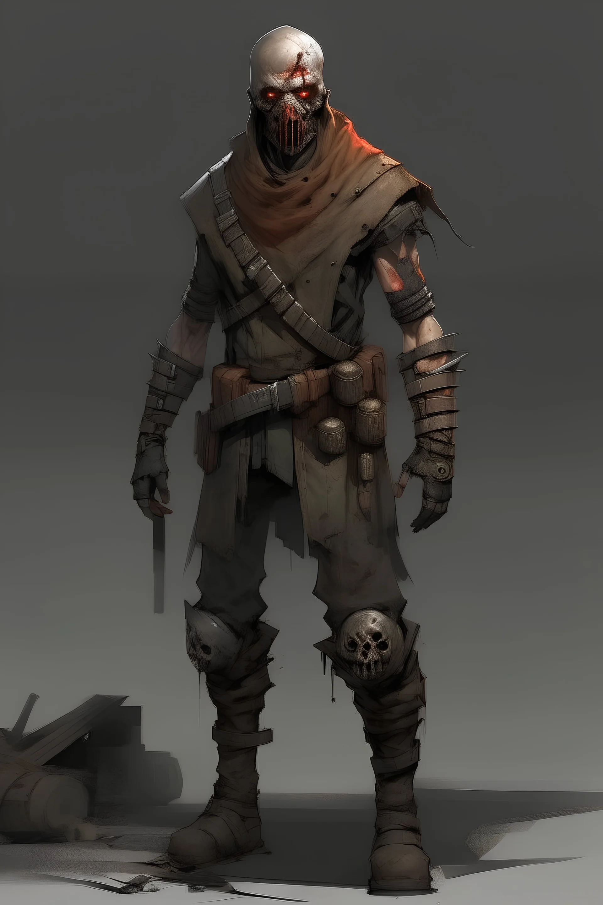slaughtered bandit body. post-apocalyptic. concept art.