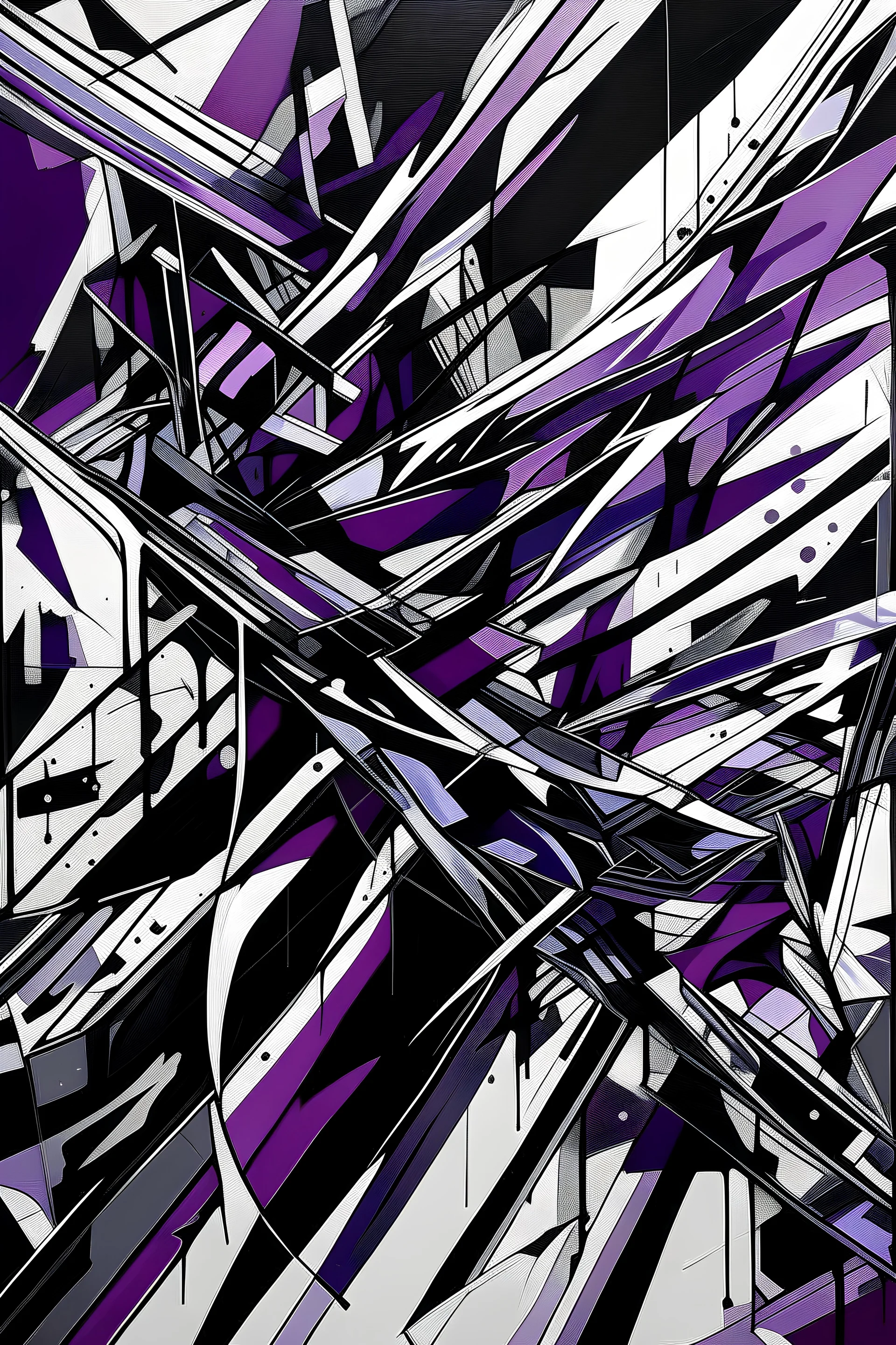 Crea una maqueta abstracta que su tema sea el miedo, con formas inclinadas y puntiagudas, en colores negro, morados y blanco